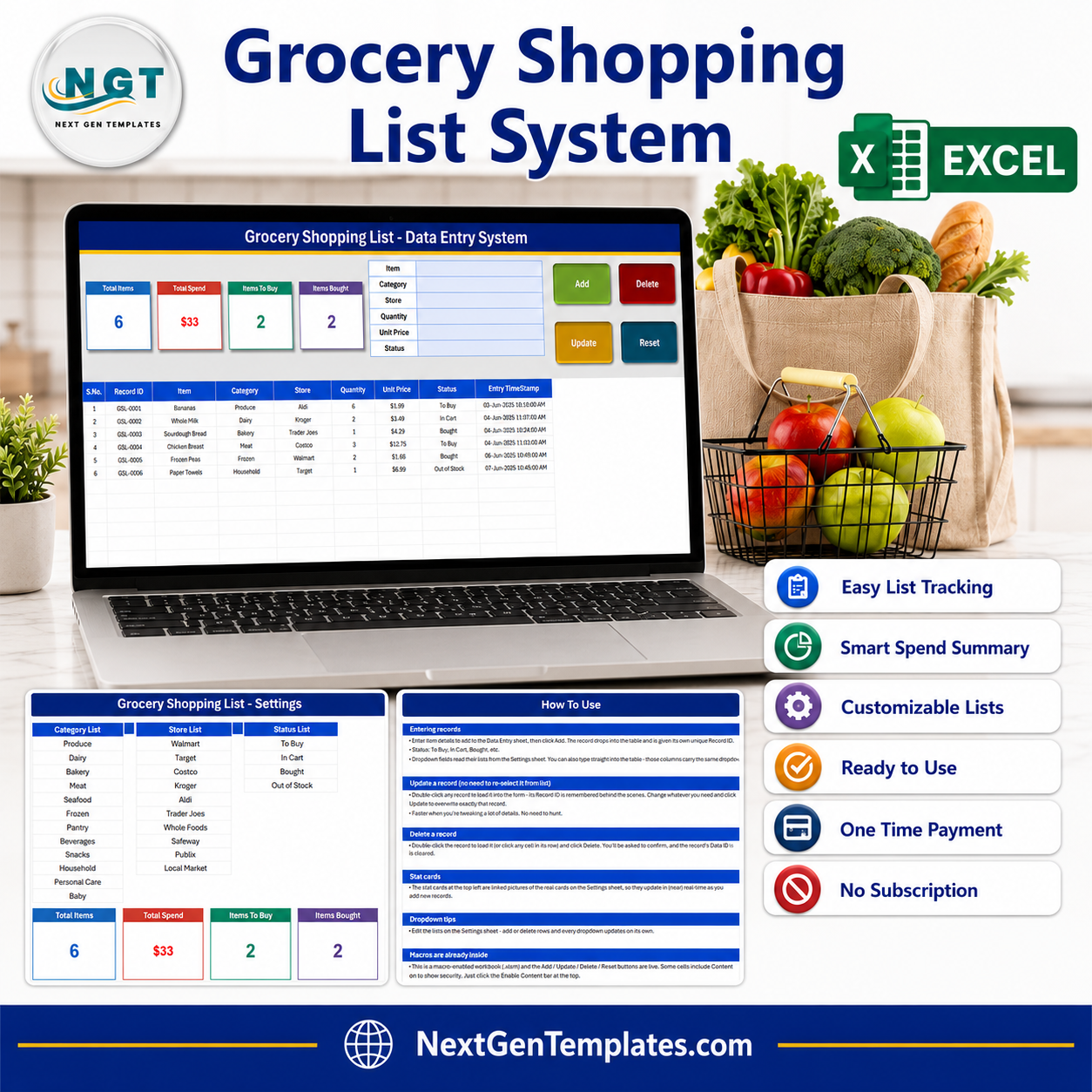 Grocery Shopping List Data Entry System in Excel - product cover