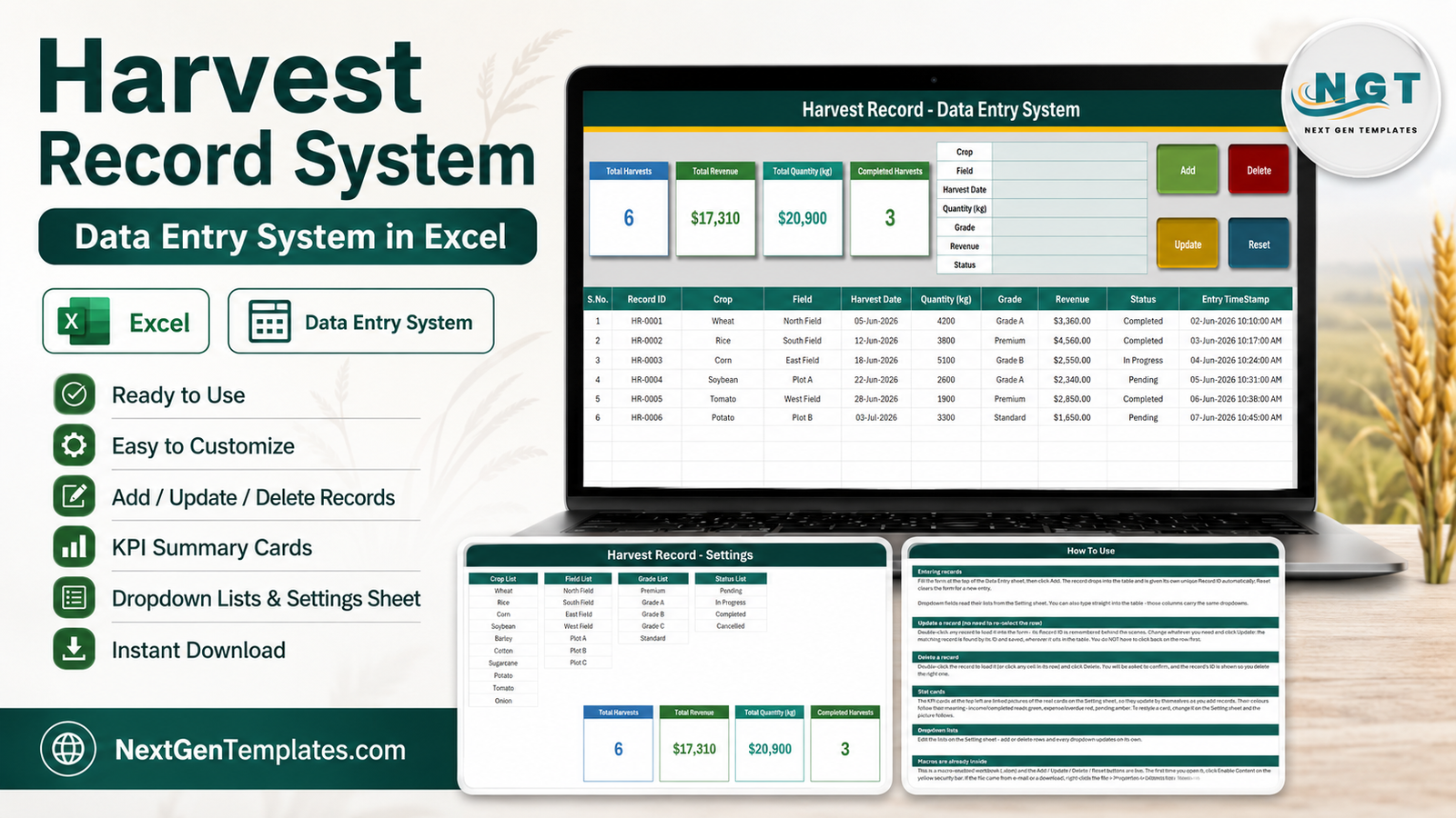 Harvest Record Data Entry System in Excel - macro-enabled harvest logging workbook