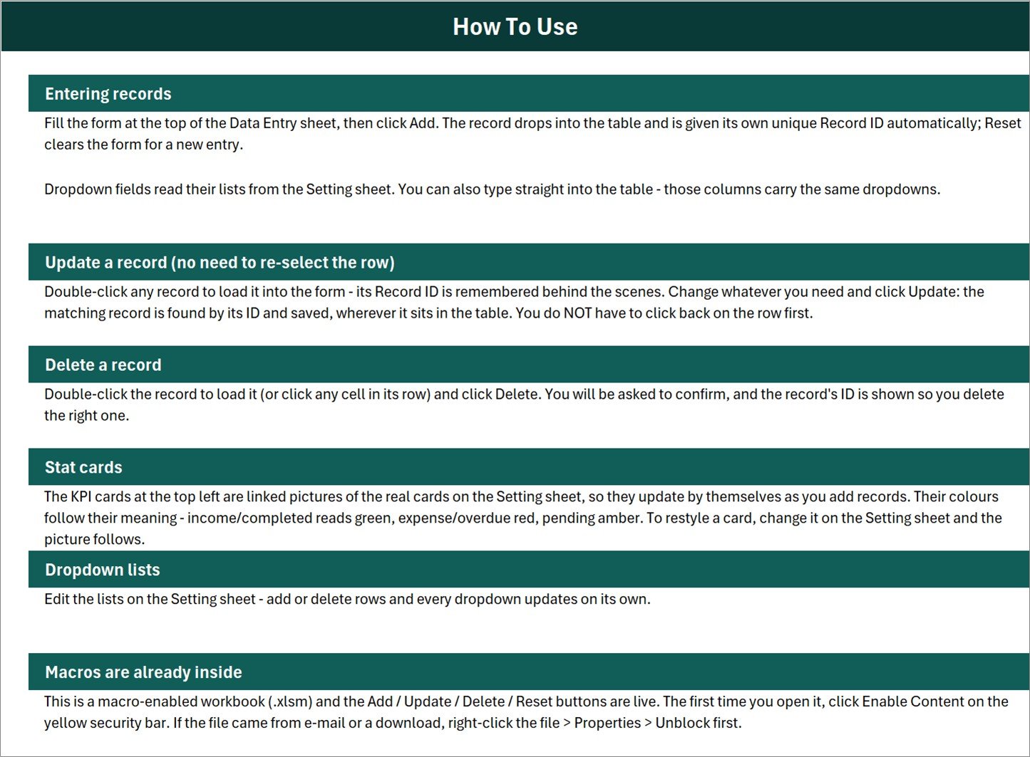 How To Use sheet explaining record entry, updating, deleting, stat cards, dropdown lists and macro security