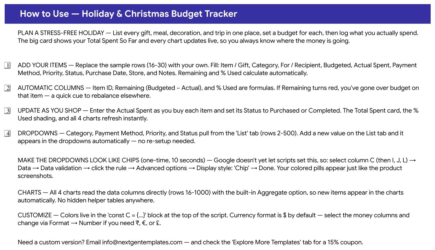 Holiday & Christmas Budget Tracker in Google Sheets How to Use guide