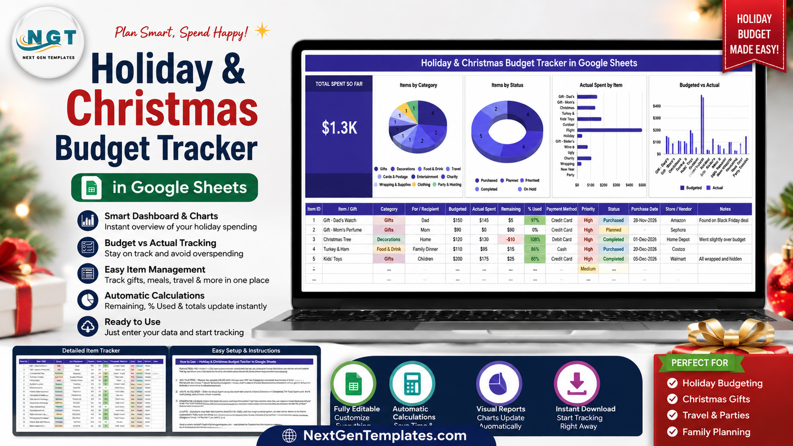 Holiday & Christmas Budget Tracker in Google Sheets