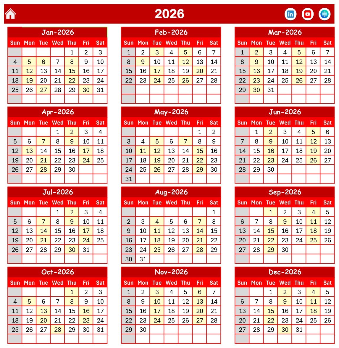 Home Nursing Visit Calendar in Excel - Annual View with all twelve months of 2026