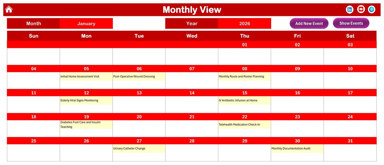 Home Nursing Visit Calendar in Excel - Monthly View grid for January 2026