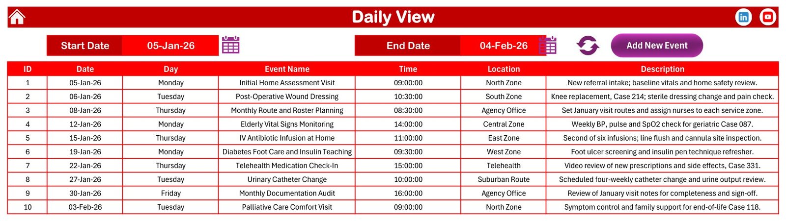 Home Nursing Visit Calendar in Excel - Daily View date-range list of visits