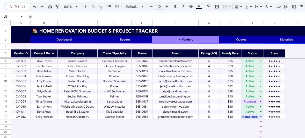 Vendors sheet in Home Renovation Budget and Project Tracker in Google Sheets