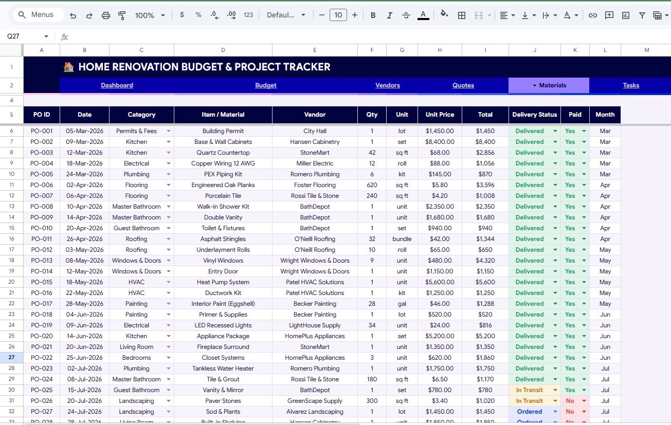 Materials sheet in Home Renovation Budget and Project Tracker in Google Sheets