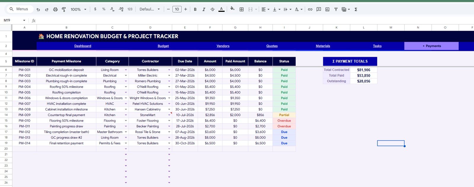 Payments sheet in Home Renovation Budget and Project Tracker in Google Sheets