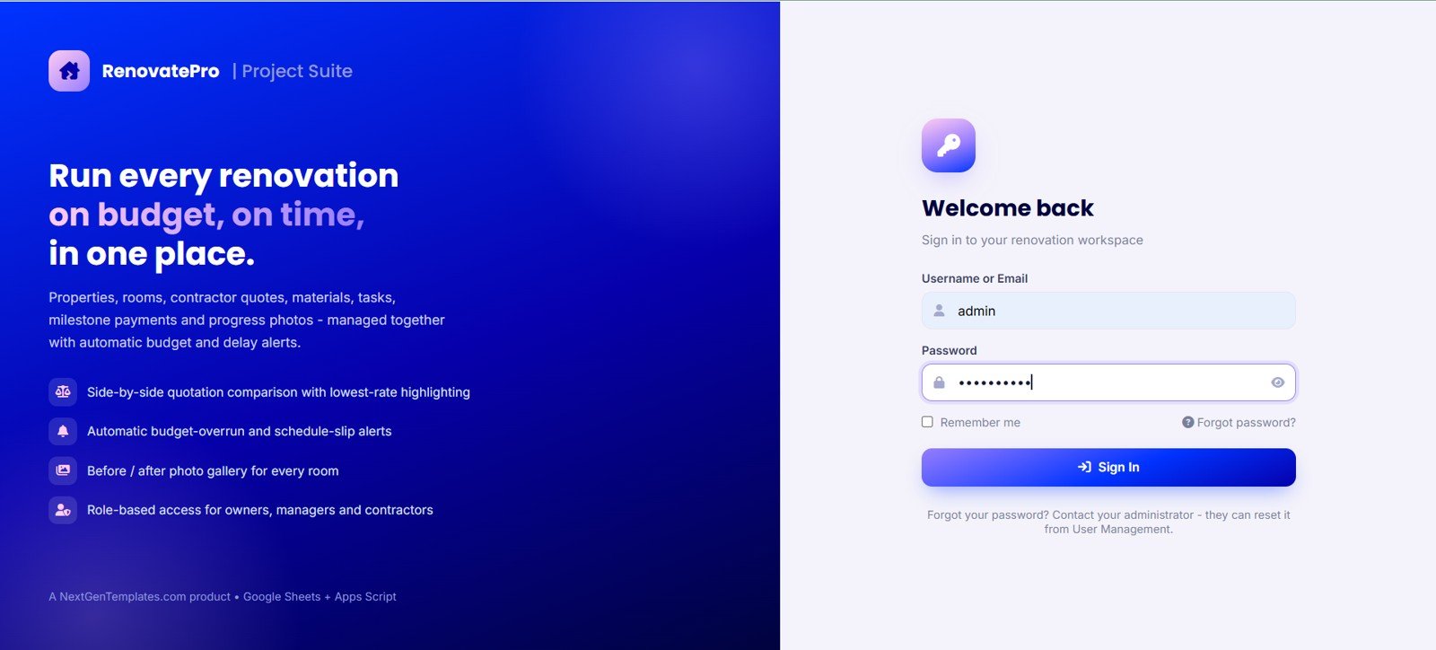 Home Renovation Project Management Login Screen