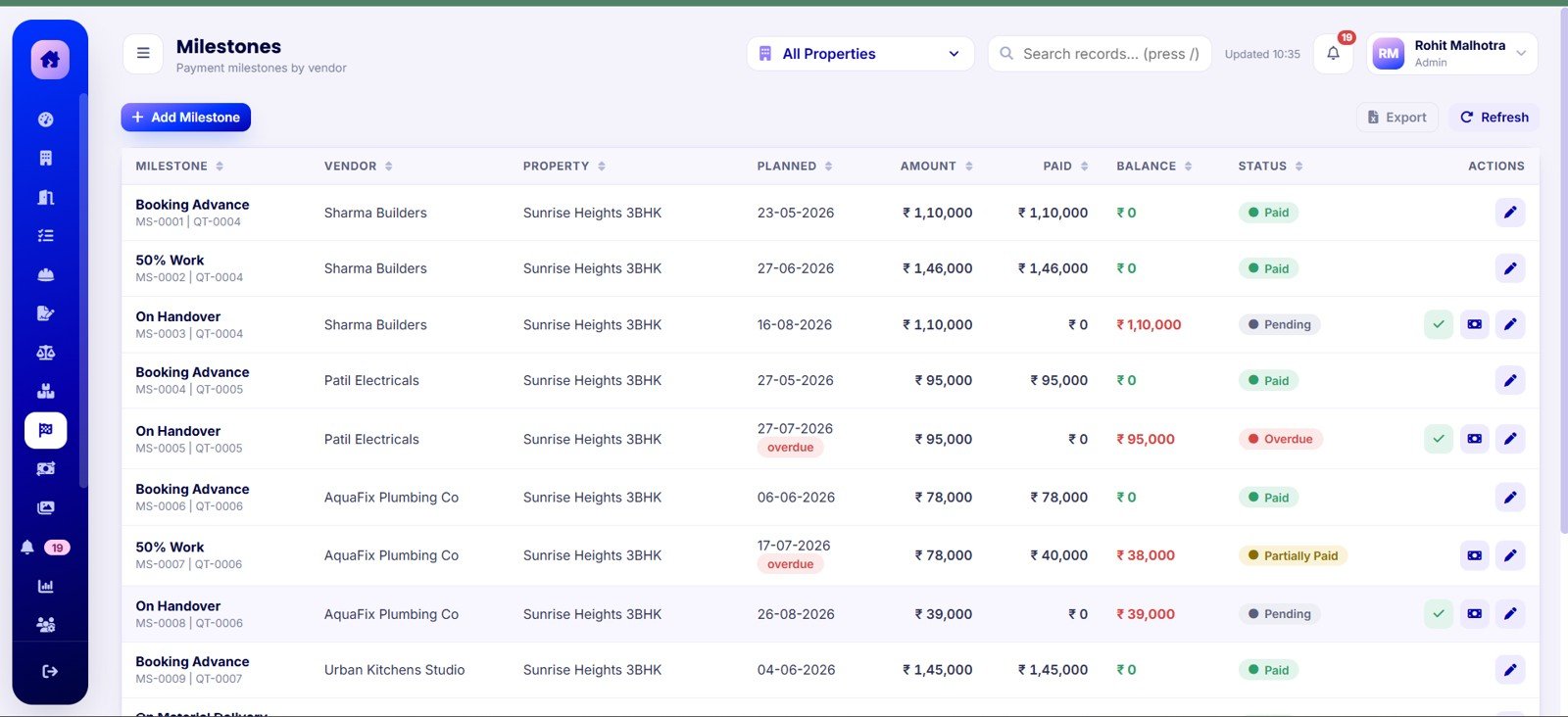 Milestones Screen in Home Renovation Project Management Web App