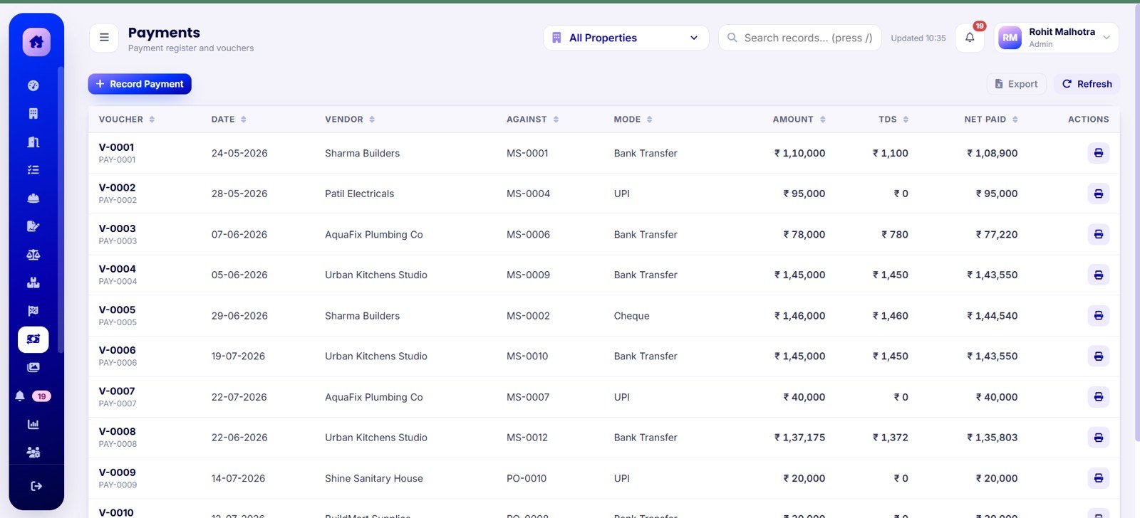 Payments Screen in Home Renovation Project Management Web App