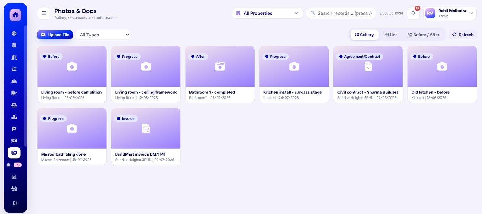 Photos and Docs Screen in Home Renovation Project Management Web App
