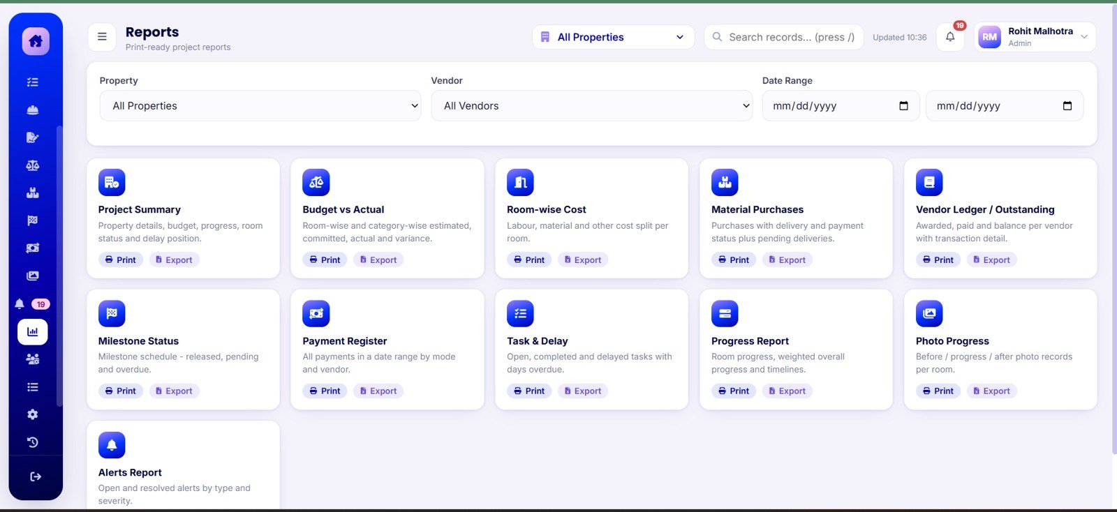 Reports Screen in Home Renovation Project Management Web App