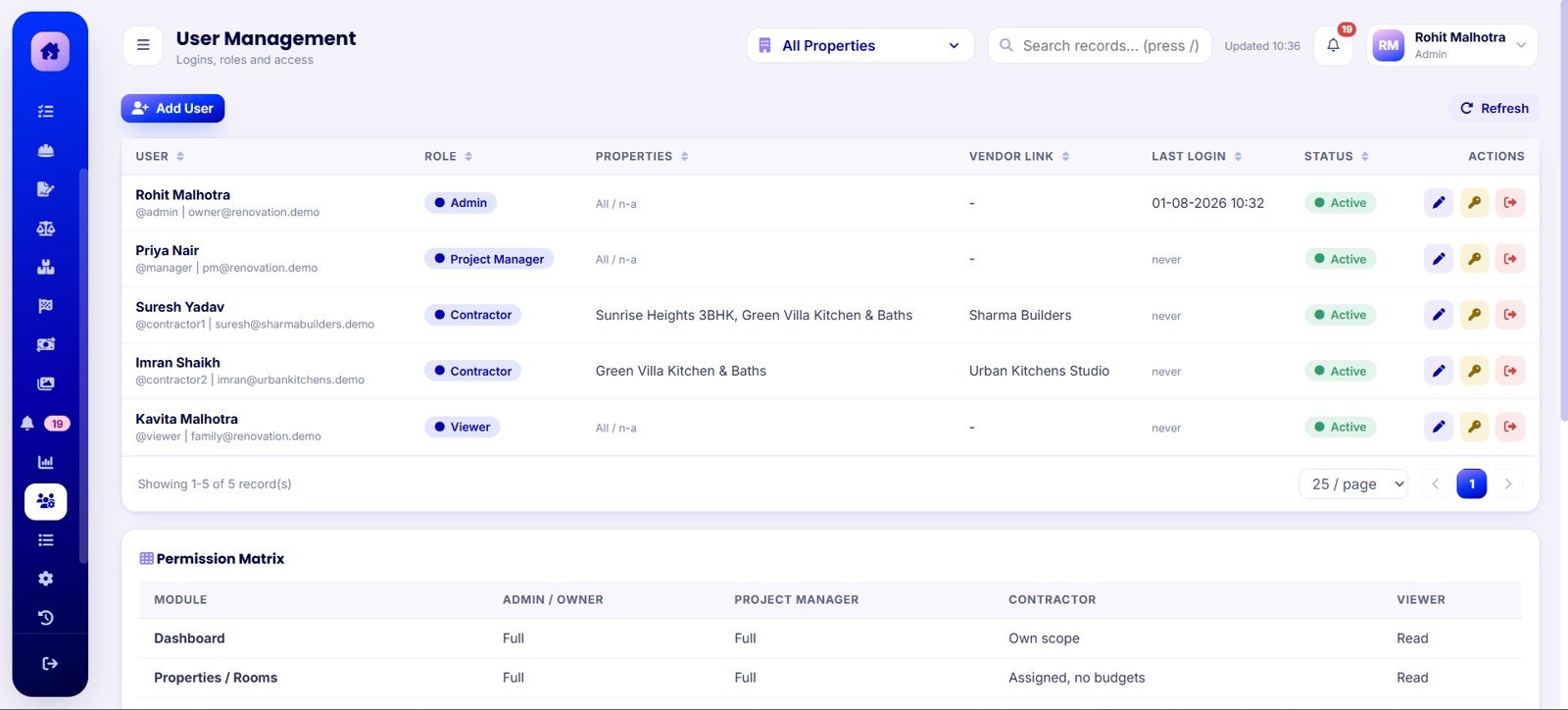 User Management Screen in Home Renovation Project Management Web App