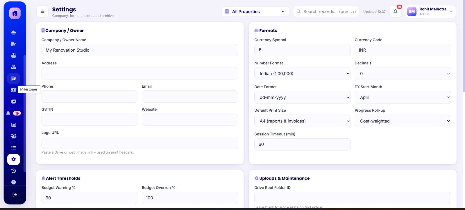 Settings Screen in Home Renovation Project Management Web App