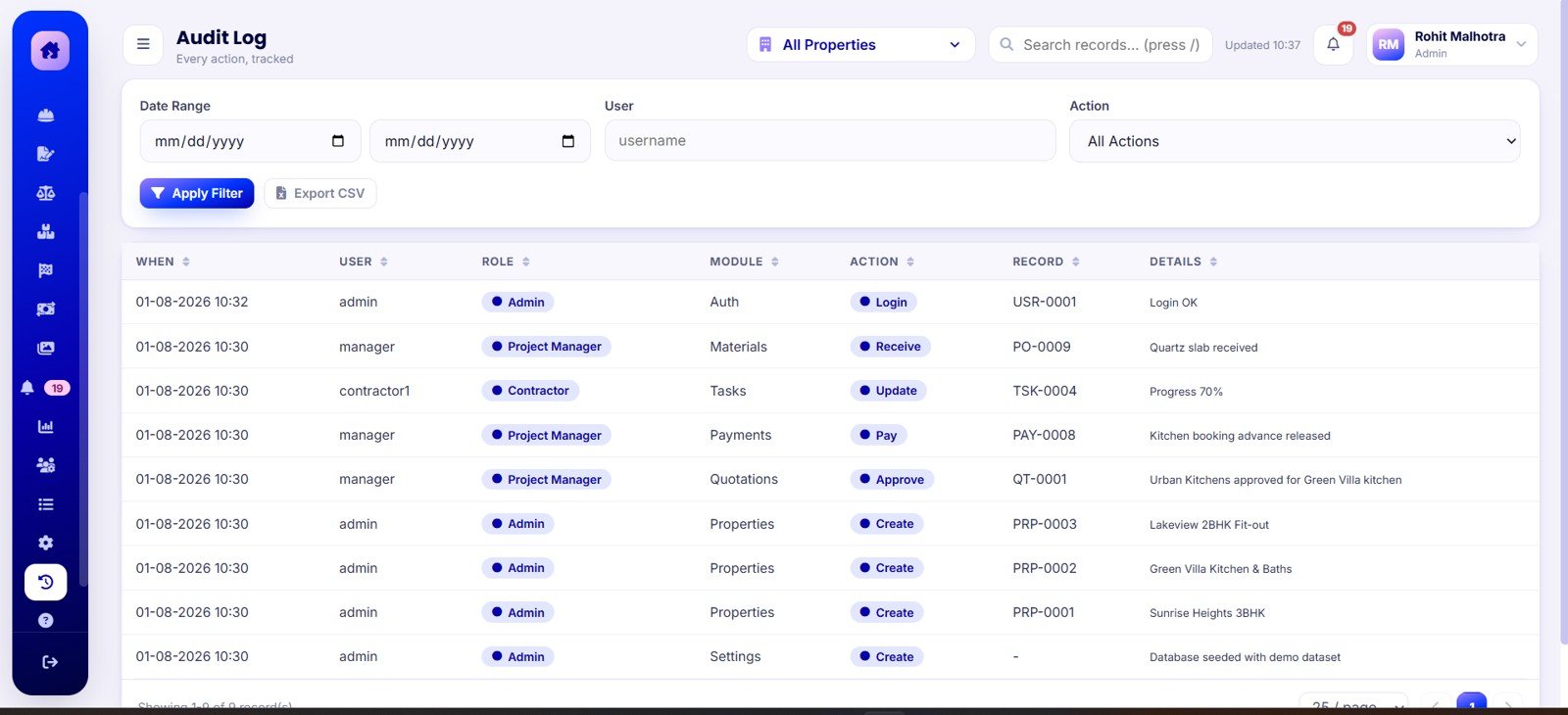 Audit Log Screen in Home Renovation Project Management Web App