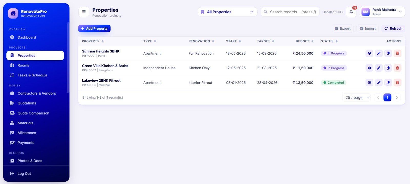 Properties Screen in Home Renovation Project Management Web App