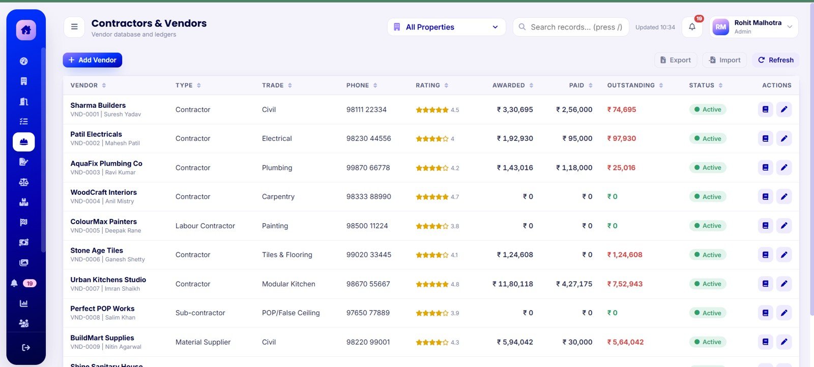 Contractors and Vendors Screen in Home Renovation Project Management Web App