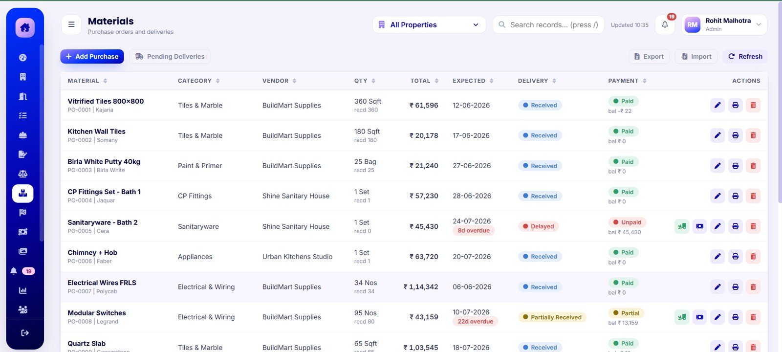 Materials Screen in Home Renovation Project Management Web App