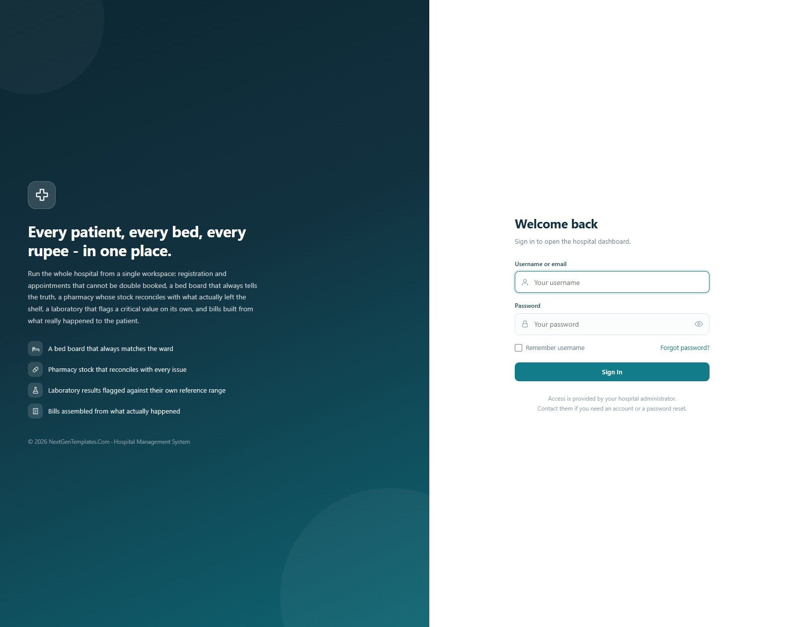 Hospital Management System Web App - sign-in screen