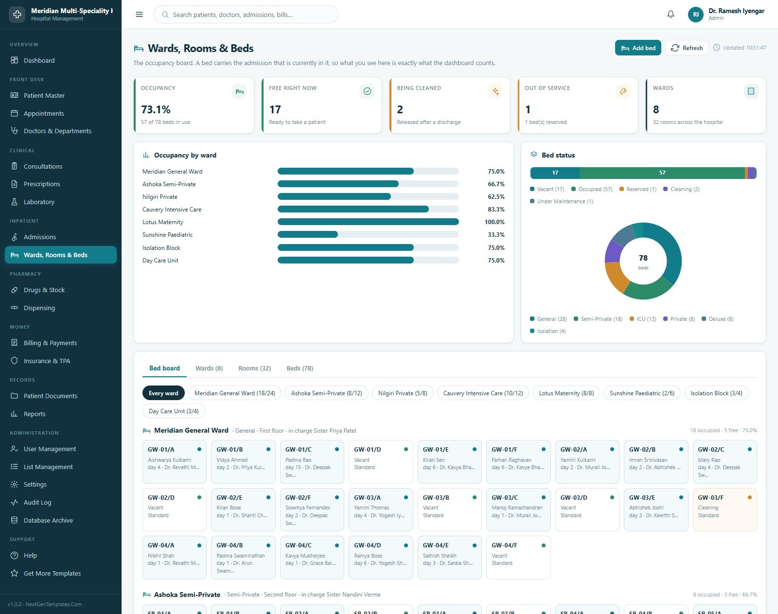 Hospital Management System Web App - Wards, Rooms and Beds occupancy board
