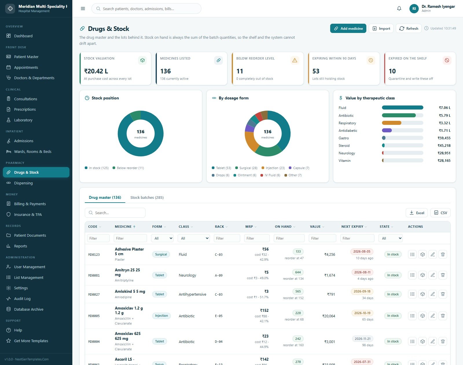 Hospital Management System Web App - Drugs and Stock pharmacy master