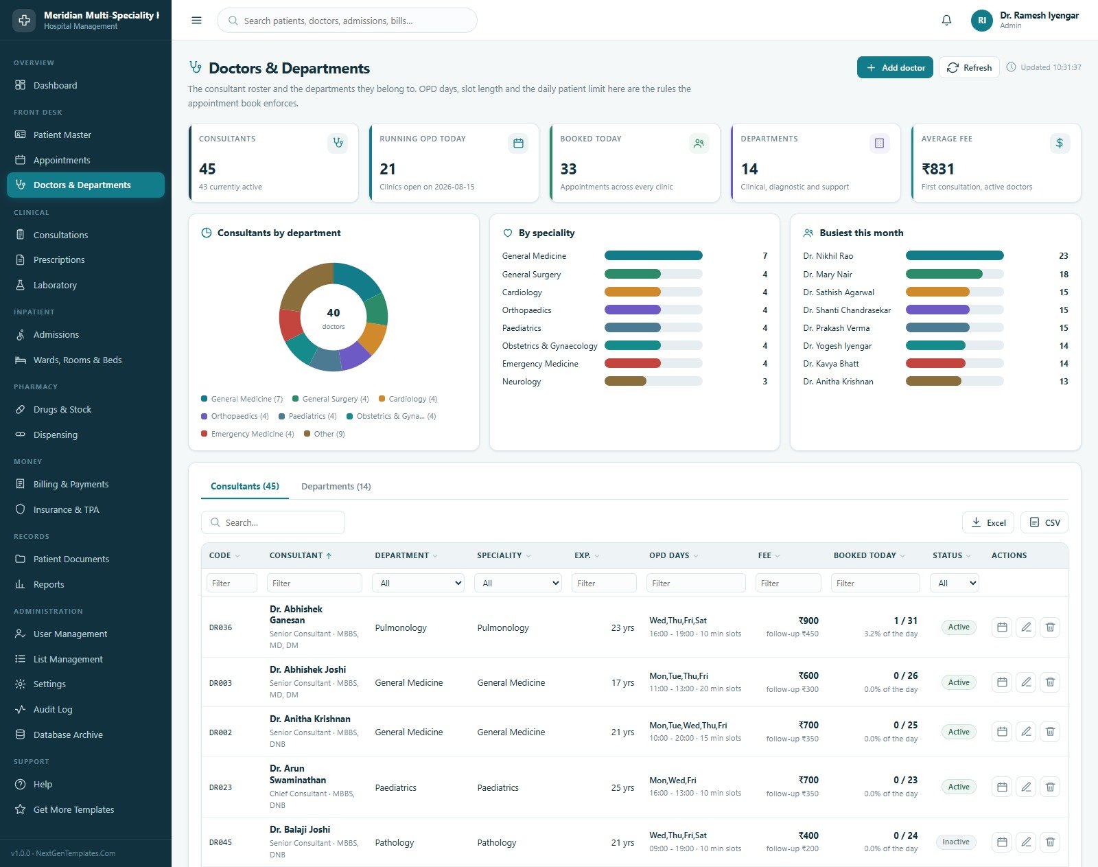 Hospital Management System Web App - Doctors and Departments roster