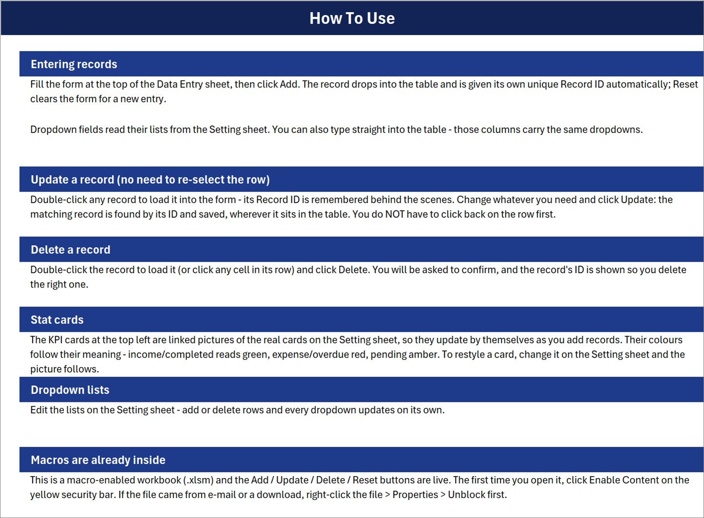 Hotel Booking Agent Data Entry System in Excel - How To Use instructions sheet