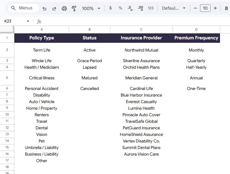 Menus sheet for Insurance Policy and Premium Tracker in Google Sheets with policy type, status, provider, and premium frequency options