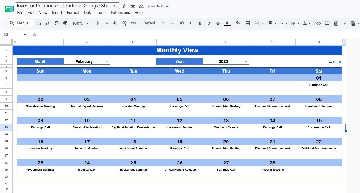 Monthly View of the Investor Relations Calendar in Google Sheets