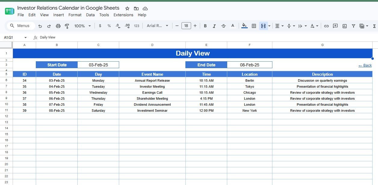 Daily View of the Investor Relations Calendar in Google Sheets
