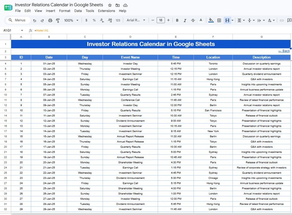 Events database sheet of the Investor Relations Calendar in Google Sheets