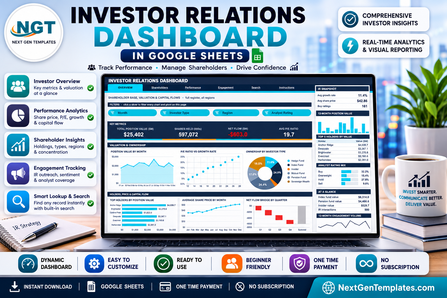 Investor Relations Dashboard in Google Sheets showing shareholder register, valuation and IR engagement pages