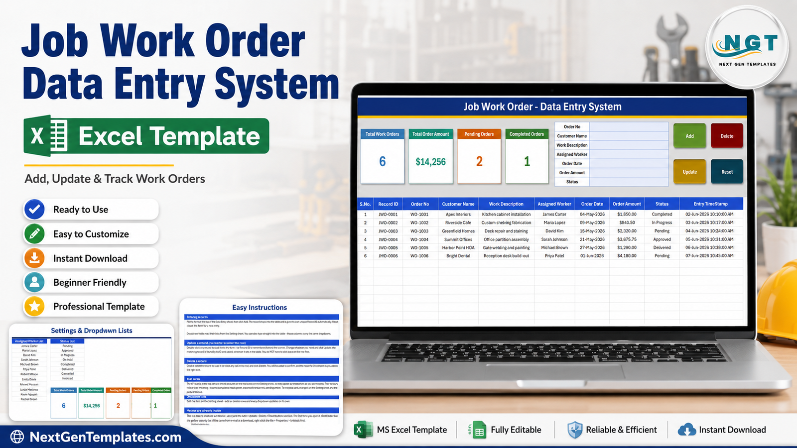Job Work Order Data Entry System in Excel showing the work order form, summary cards and job register
