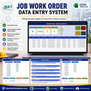Job Work Order Data Entry System in Excel product cover showing the work order form, summary cards and register