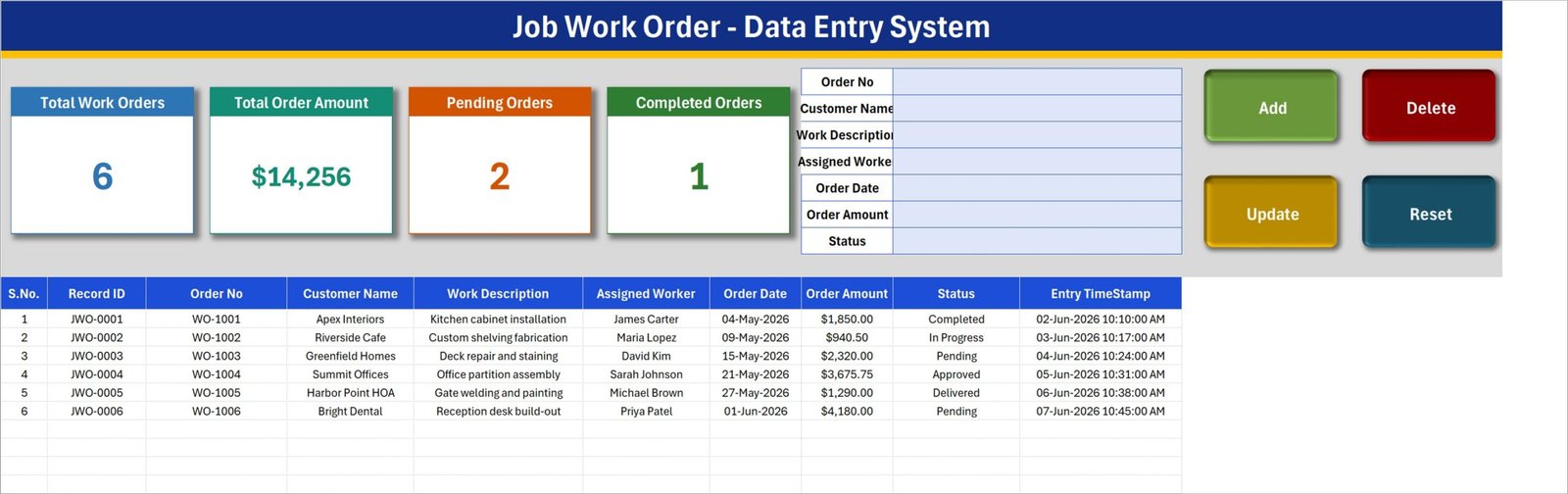 Data Entry sheet with a seven-field work order form, four VBA buttons and a ten-column job register