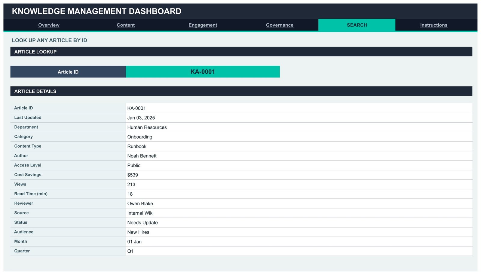 Knowledge Management Dashboard in Google Sheets Search page