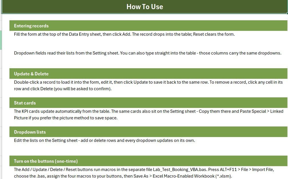 Lab Test Booking Data Entry System in Excel - Instructions Sheet