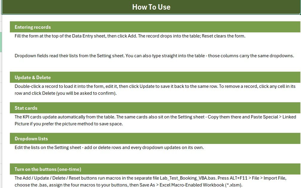 Lab Test Booking Data Entry System in Excel - Instructions Sheet
