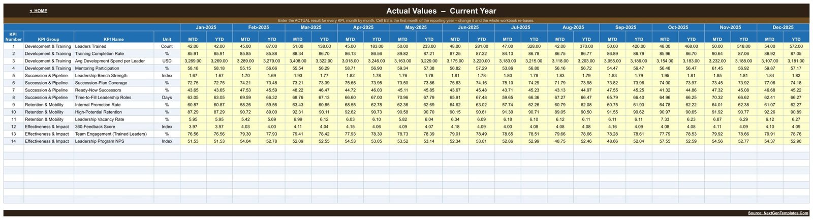 Leadership Development KPI Dashboard in Google Sheets - Actual Values input sheet