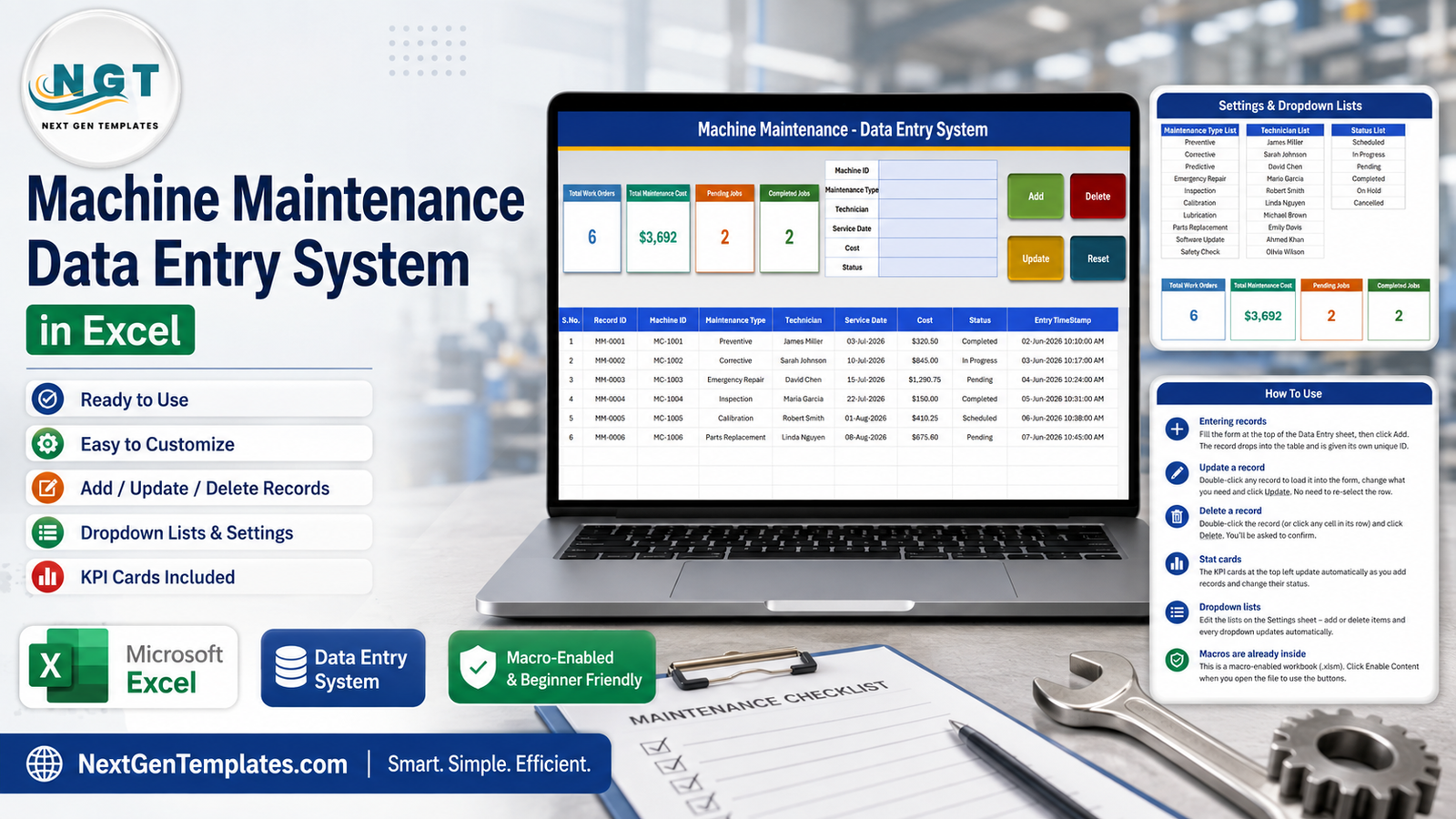 Machine Maintenance Data Entry System in Excel - entry form, summary cards, settings lists and instructions
