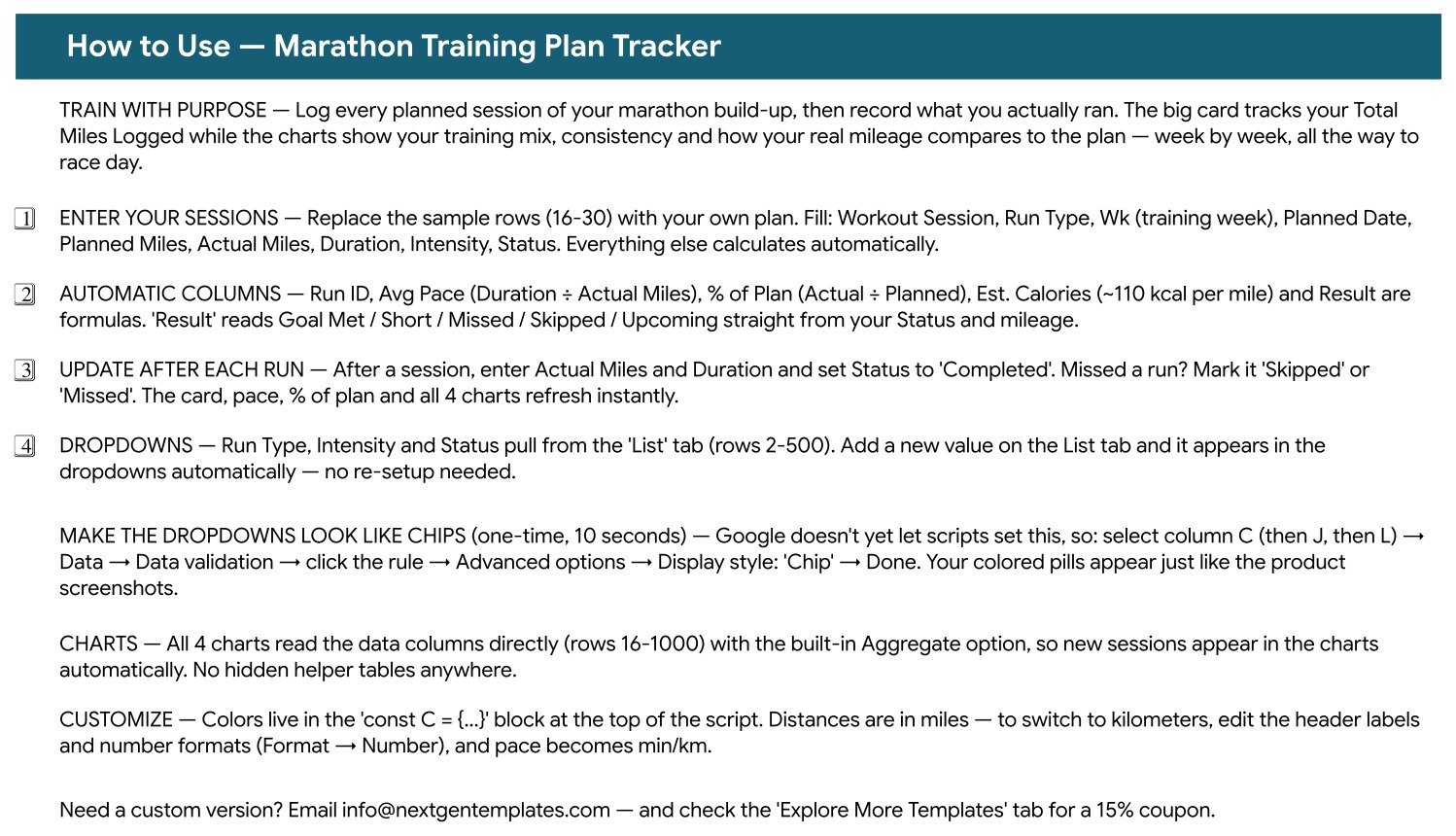 Marathon Training Plan Tracker in Google Sheets - How to Use instructions sheet