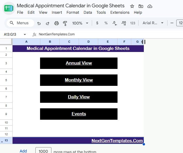 Medical Appointment Calendar in Google Sheets home sheet