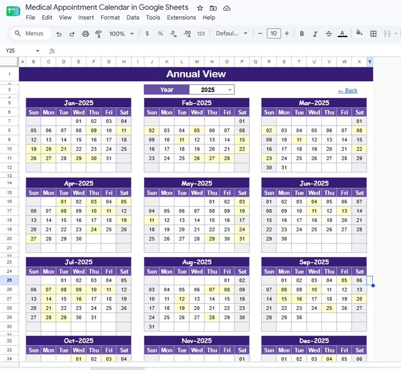 Medical Appointment Calendar in Google Sheets annual view