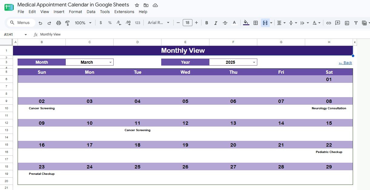 Medical Appointment Calendar in Google Sheets monthly view