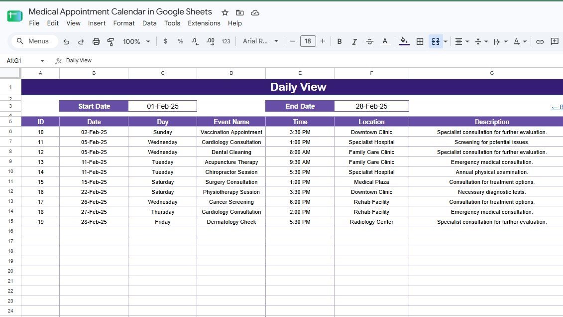 Medical Appointment Calendar in Google Sheets daily view