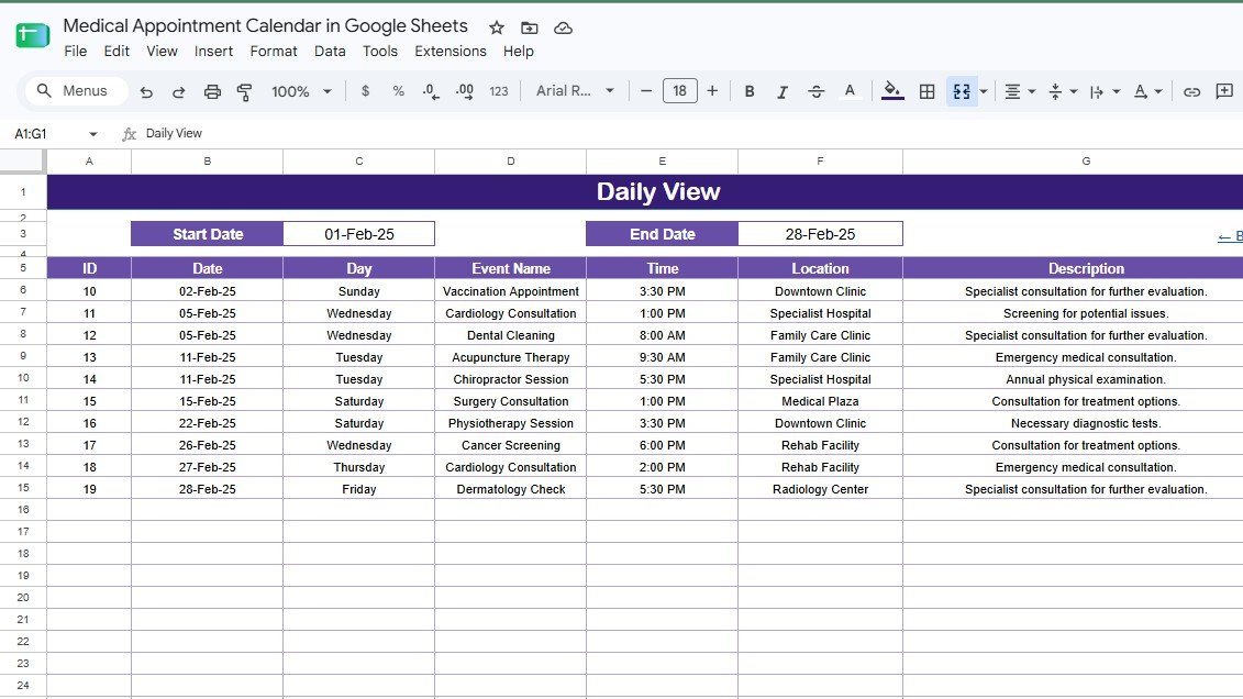 Medical Appointment Calendar in Google Sheets daily view