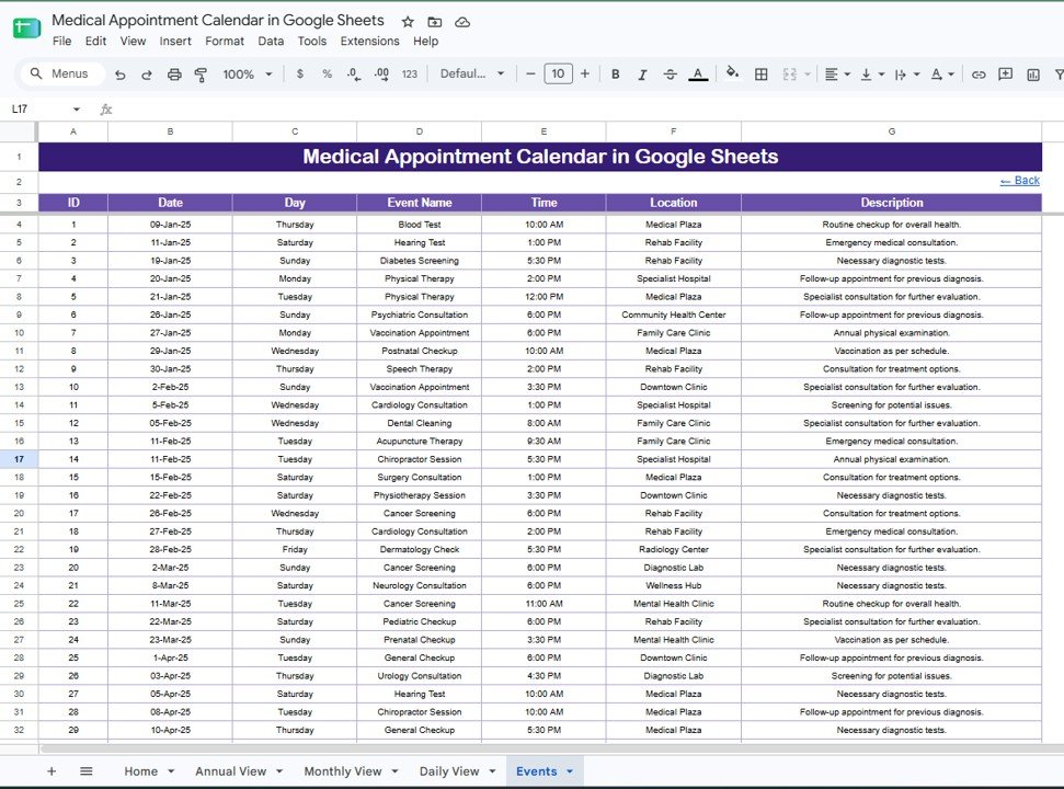 Medical Appointment Calendar in Google Sheets events database