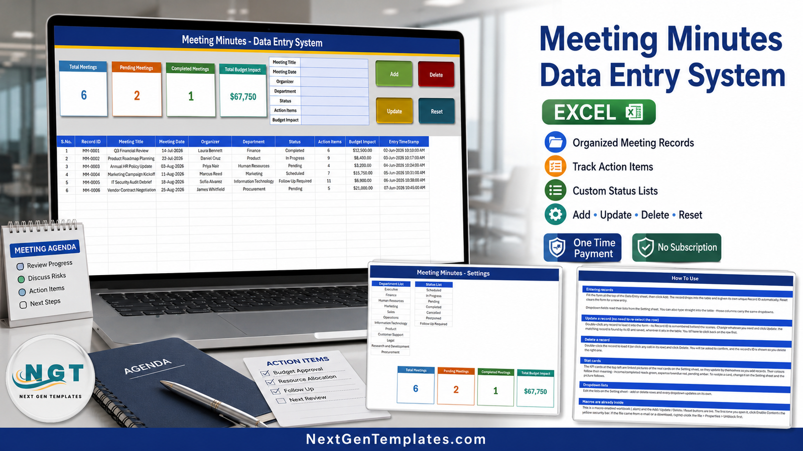 Meeting Minutes Data Entry System in Excel - product overview