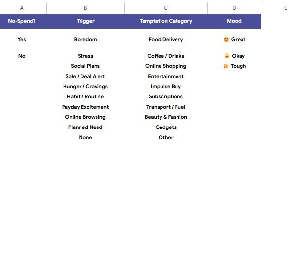 Dropdown Options Sheet for No Spend Challenge Tracker in Google Sheets