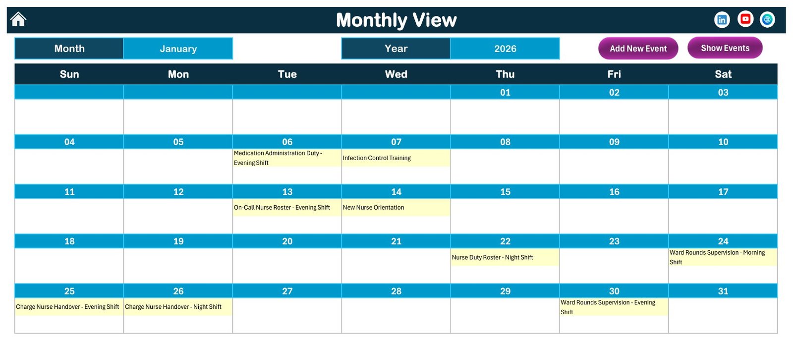 Nurse Duty Roster Calendar in Excel - Monthly View for January 2026